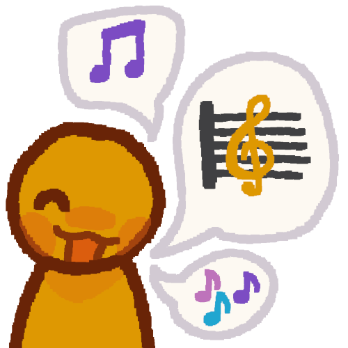 A yellow person with a happy expression on their face and three speech bubbles coming from them. Inside the speech bubble from top to bottom is a purple eighth note, a trebel clef on some music bars, and three eighth notes.